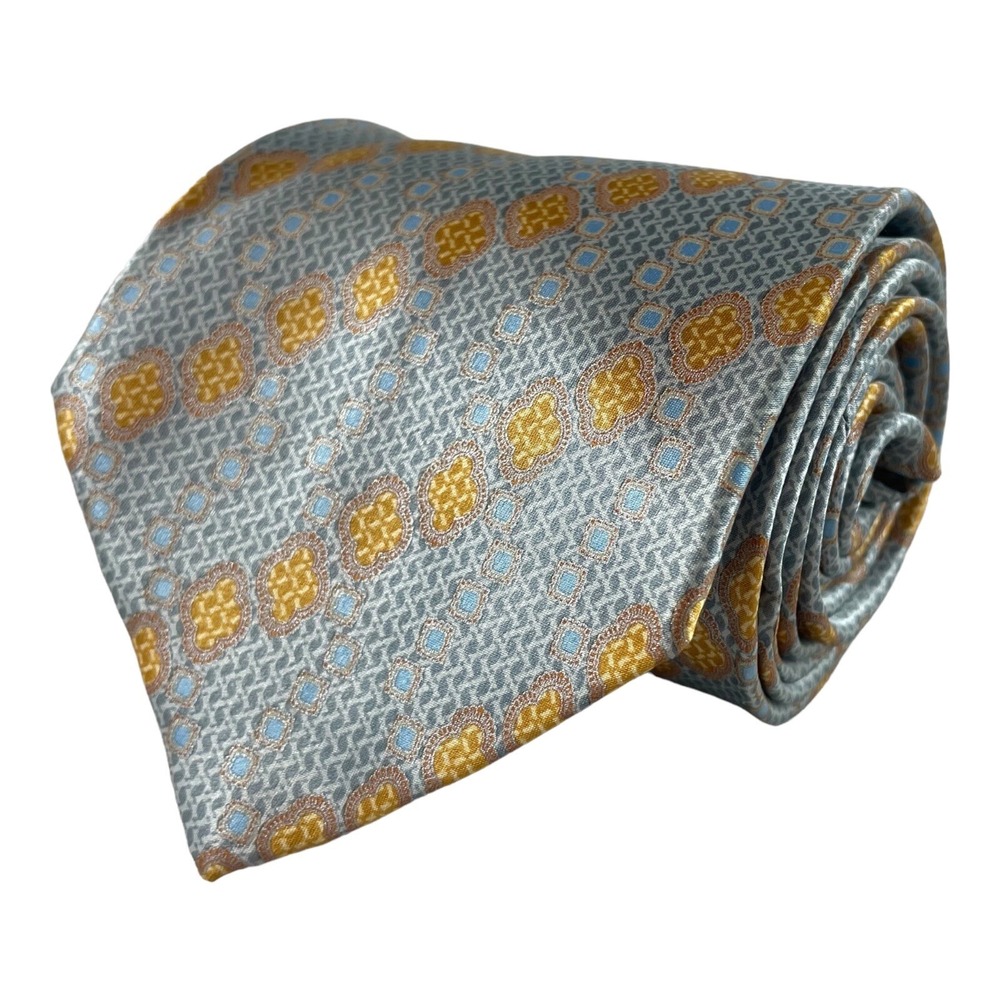 Brioni Gray Blue Orange Medallion Pure Silk Mens Tie 3.75 Inch LNWOT